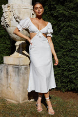 Fancy Free Puff Sleeve Midi Dress White
