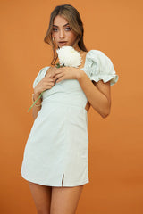 Norma Jean Puff Sleeve Piping Trim Mini Dress Sage