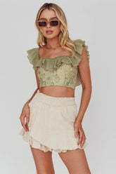 Dreamy On Or Off-Shoulder Frill Crop Top Beige/Olive