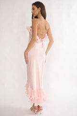 Okay, Cupid Low Back Ruffle Trim Maxi Dress Pink