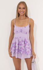 Floral Bubble Crepe Ruffle Romper in Purple