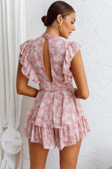Nellie Lace Bust High Neck Romper Floral Blush