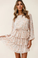Odessa Long Sleeve Layered Ruffle Dress Floral Print Nude