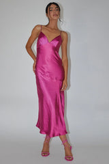 Downtown Cami Strap Front Split Midi Dress Fuchsia