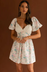 Lovers Lane Lace Trim Puff Sleeve Dress Floral Apricot