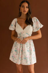 Lovers Lane Lace Trim Puff Sleeve Dress Floral Apricot