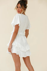 Queenie Angel Sleeve Ruffle Trim Dress White