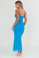 Morella Ruched Waist Mesh Maxi Dress Blue