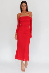 Numbers Game Off-Shoulder Halter Maxi Dress Red
