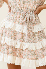 Tulsa 3/4 Sleeve Waist Tie Frill Dress Floral Print Nude