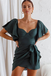 Aphrodite Molded Bust Angel Sleeve Wrap Dress Forest Green