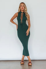 Brand New Day Lace-Up Bust Knit Midi Dress Emerald