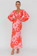 Yessica Balloon Sleeve Midi Dress Floral Pink