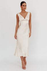 Leila V-Neck Low Back Satin Midi Dress Ivory