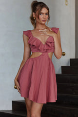 Revel Ruffle Trim Cut-Out Waist Dress Berry