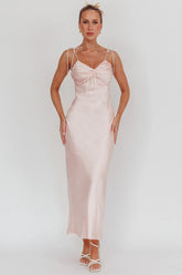 Slow Burn Tied Shoulders Satin Maxi Dress Pink