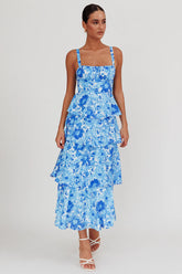 Provence Bloom Tiered Floral Maxi Dress Blue
