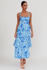Provence Bloom Tiered Floral Maxi Dress Blue