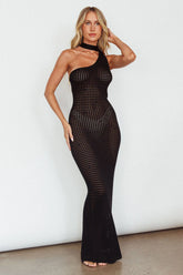 Next Level One-Shoulder Crochet Maxi Dress Black