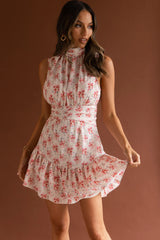 Mandalay High Neck Sleeveless Waistband Dress Vintage Floral Pink
