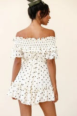 Rita Shirred Off-Shoulder Dress Polka Dot Print White