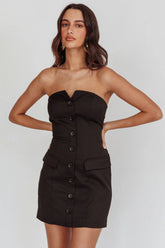 Titania Strapless Buttoned Mini Dress Black