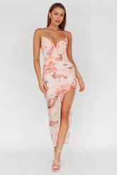 Lake Como Fitted Bodice Side Split Dress Floral Pink