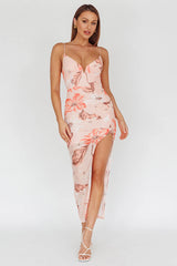 Lake Como Fitted Bodice Side Split Dress Floral Pink