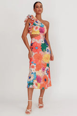 Deanna One-Shoulder Ruffle Floral Maxi Dress Orange
