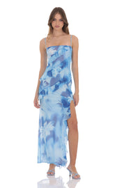 Floral Ruffle Mesh Square Neck Maxi Dress in Blue