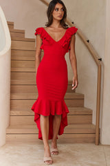 Pearl Ruffle Strap High-Low Hem Dress Red