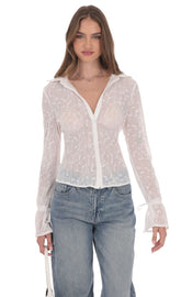 Sheer Mesh Button-Up Top in White