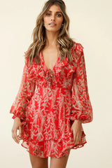 Odette Long Sleeve String Tie Neckline Vine Print Dress Red