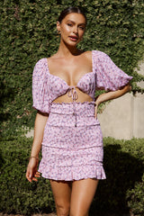 Aperol Spritz Shirred Bodice Puff Sleeve Mini Dress Floral Pink