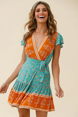 Mayan Angel Sleeve Waist Tie Wrap Dress Floral Print Jade