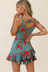 Wishful Thinking Plunging Neckline Ruffle Hem Romper Floral Print Sage