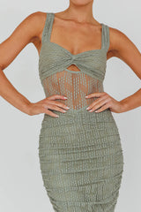 Oliana Embroidered Mesh Midi Dress Fern