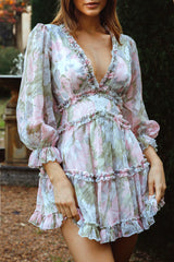 Laney Cutout Back Ruffle Trim Dress Watercolor Floral Print Pink