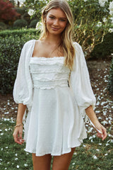 Illia Three-Quarter Balloon Sleeve Frill Bodice Dress White