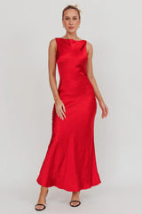 Carmine Satin Sleeveless Maxi Dress Wine