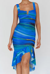 Nadia Ruched Fishtail Midi Dress Print Blue