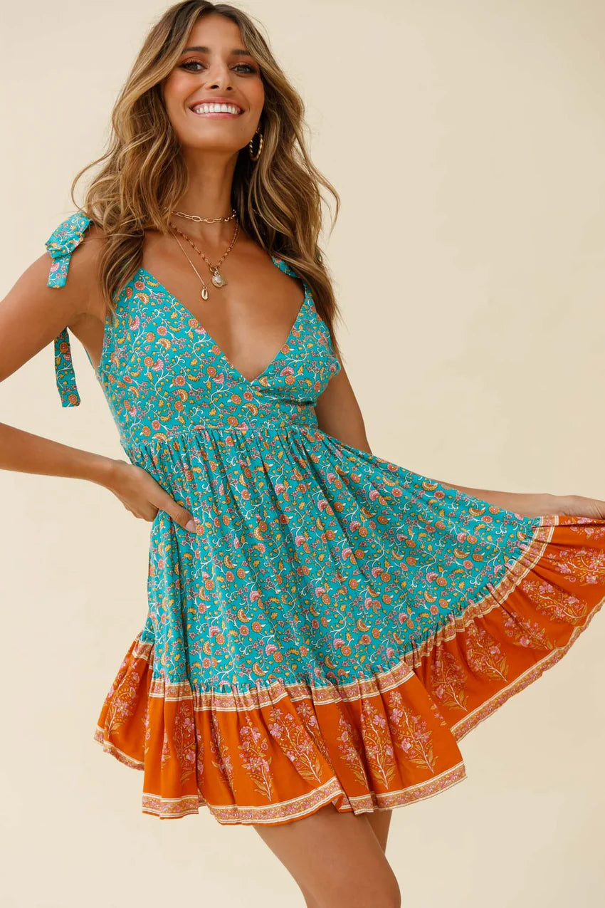 Maven Tied Shoulder Low Back Dress Flower Print Jade