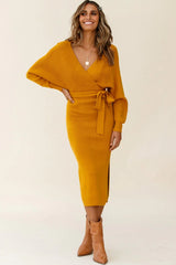 Cameo Batwing Knit Midi Dress Mustard