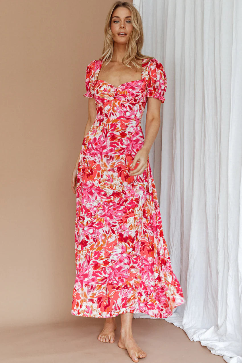 Montebello Puff Sleeve Maxi Dress Floral Pink/Orange