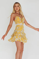 Flower Child Bust Tie Crochet Trim Dress Orchid Print Yellow