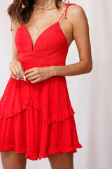 Xenia Tied Shoulder Embroidered Bust Dress Red