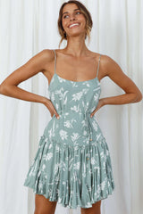 Rosabel Spaghetti Strap Fluted Hem Dress Floral Print Sage