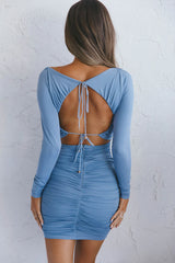 Jazz Club Long Sleeve Ruched Open Back Mini Dress Midnight