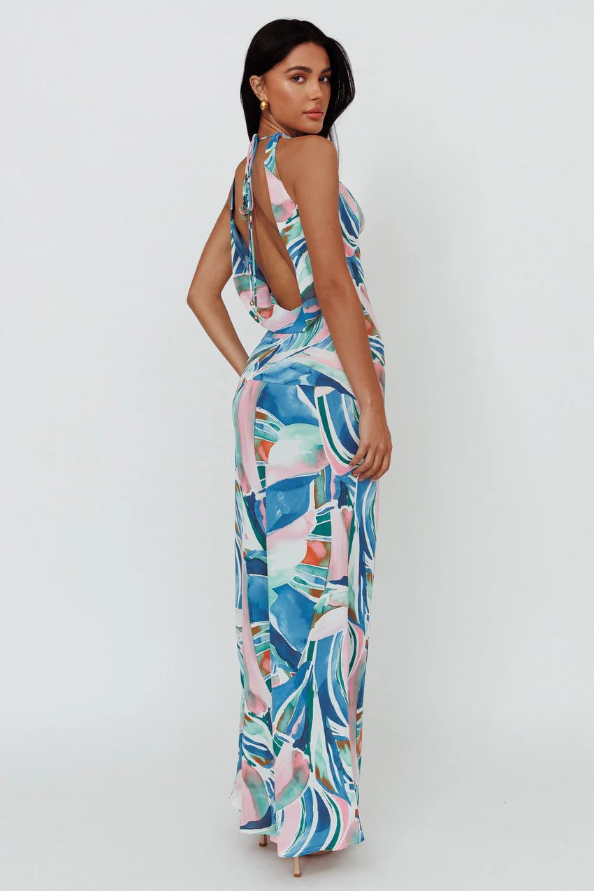 Cassiopeia Open Back Maxi Dress Abstract Blue