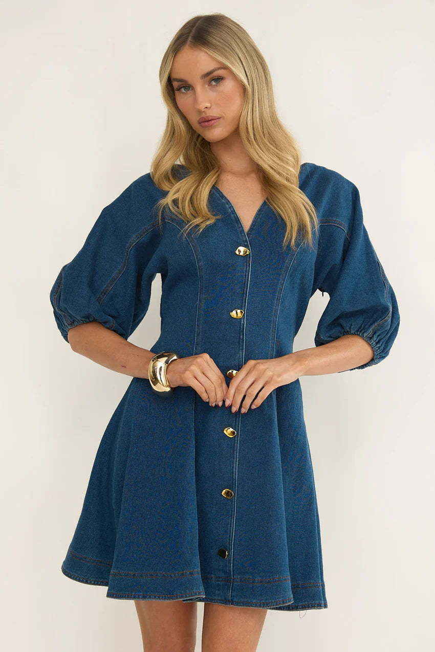 Rivette Bubble Sleeve Mini Dress Denim
